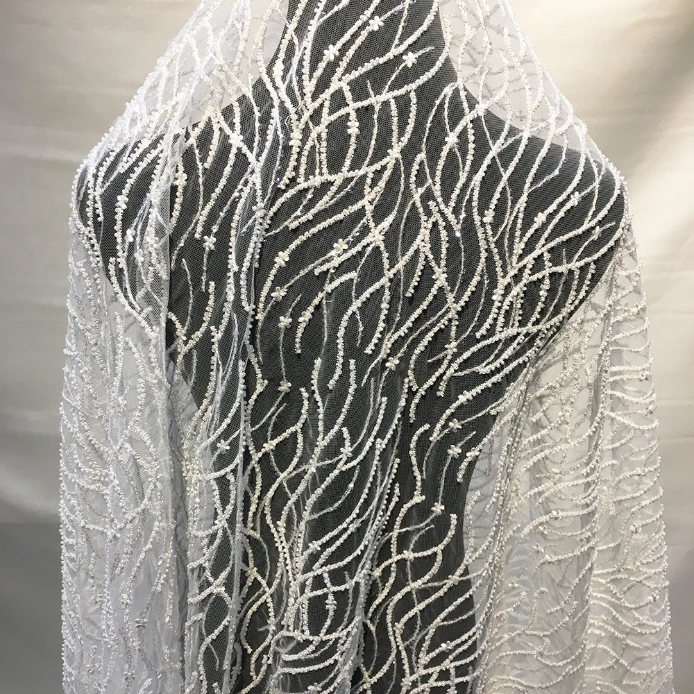 Wholesale Sequin Textile Fabric White Beaded Lace 3D Handmade French Tulle Lace for Luxury Dress