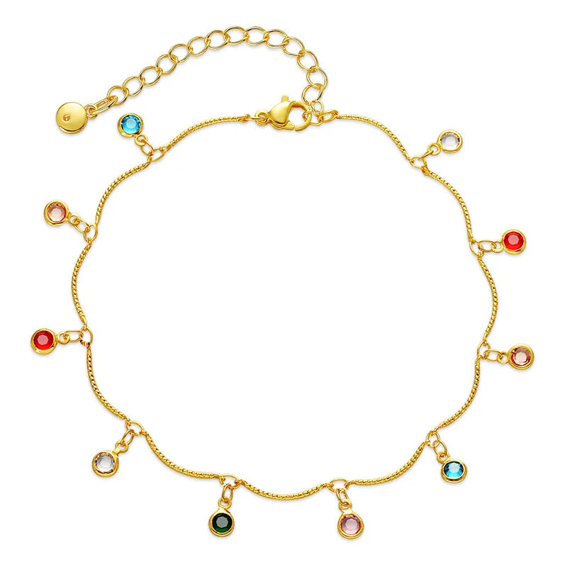 Fashion Trendy Korean Brass Alloy 18k Gold Colorful Zircon Beads Charm Dangles Anklet Tassels Foot Ankle Bracelet Jewelry