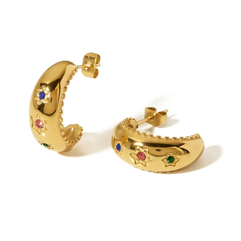 Stainless Steel Gold Plated Geometric Vintage Colorful Zircon Shiny Stars Stud Earrings for Women