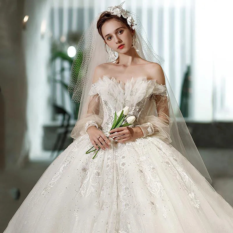 AL1156 2025 Elegant French Banquet Court Style Wedding Dress Large Tail Rhinestone Crystal Decoration for Church Bridal Wedding