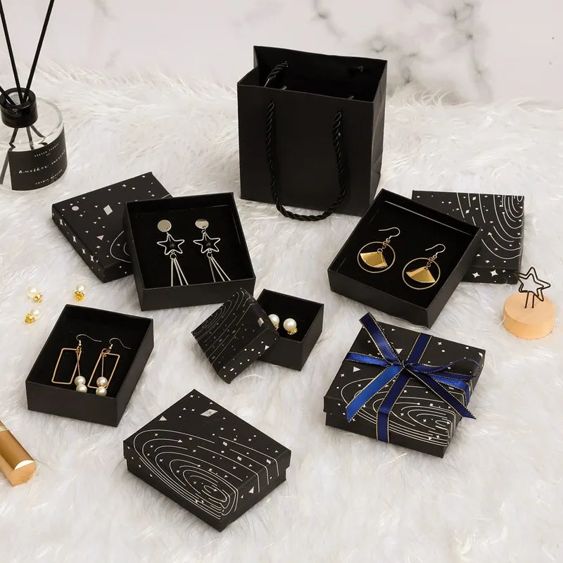 New Packing Box Silver Star Print Earrings Ring Necklace Bracelet Paper Jewelry Box with Sponge Lining