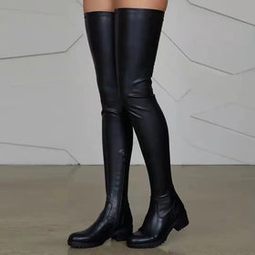 New Shoes Stock Fashion Casual Solid Color Long Tube Elastic Low Thick Heel Boot Side Zipper PU Leather Ladys Thigh High Boots