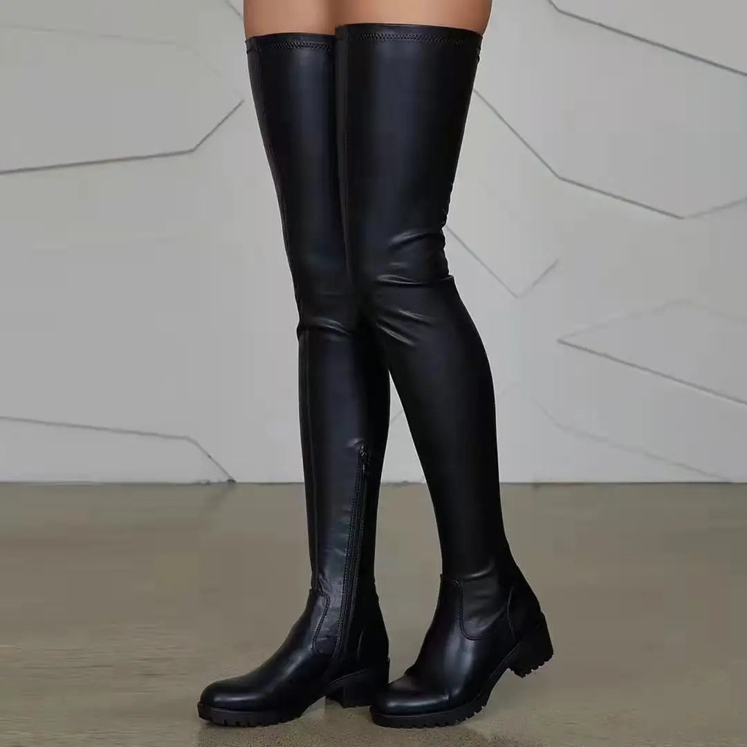 New Shoes Stock Fashion Casual Solid Color Long Tube Elastic Low Thick Heel Boot Side Zipper PU Leather Ladys Thigh High Boots