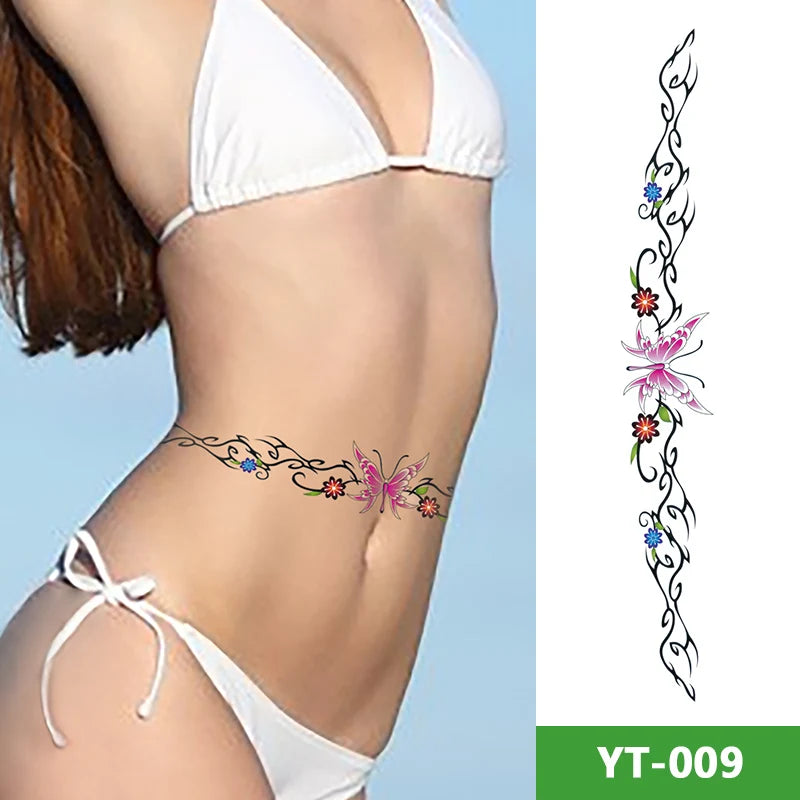 Women's Long Waist Temporary Tattoo Stickers Eco-Friendly Waterproof Flower Pattern Decor Fun Style Waterproof Tattoo Sticker