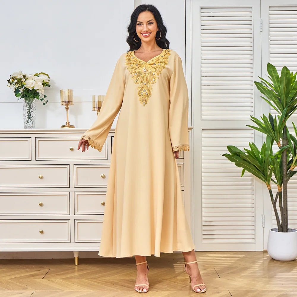 New Arrival Dubai Arabic Style Large Swing Rhinestone Abaya Ladies Kaftan Long Sleeve Muslim Dress Long Robe
