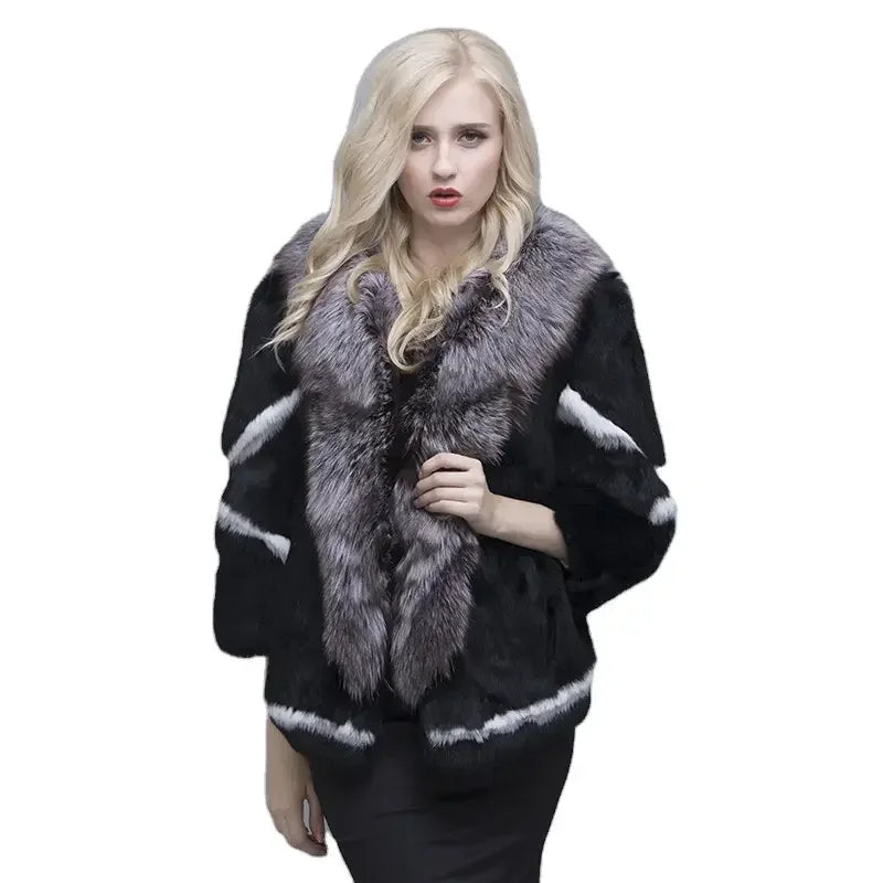 MWFur Women Winter Coats Black Woman Casual Coat for Women Fashion Winter Rabbit Fur Coat With Fox Fur Collar Rabbit Skin