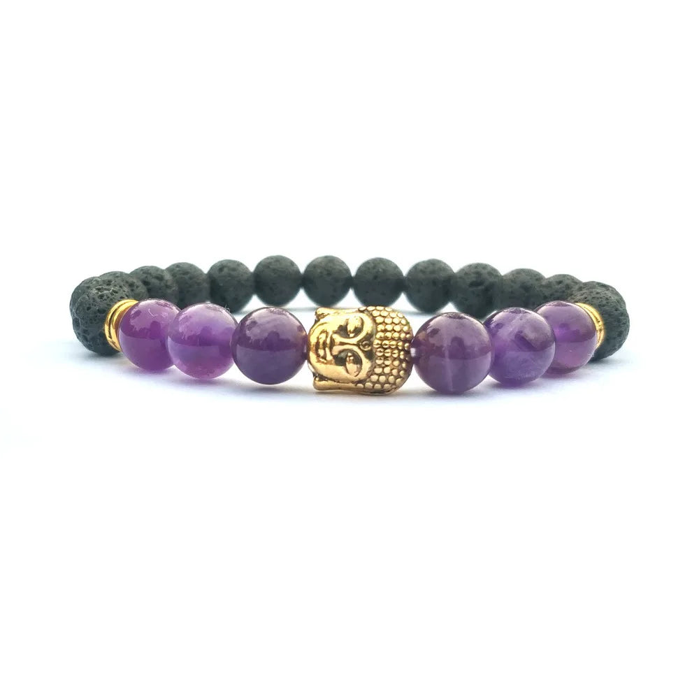 Natural Gemstone Rock Lava Gold Buddha Beaded Stretch Bracelet 8mm Stone Protection Healing Crystal Beaded Charms for Gift