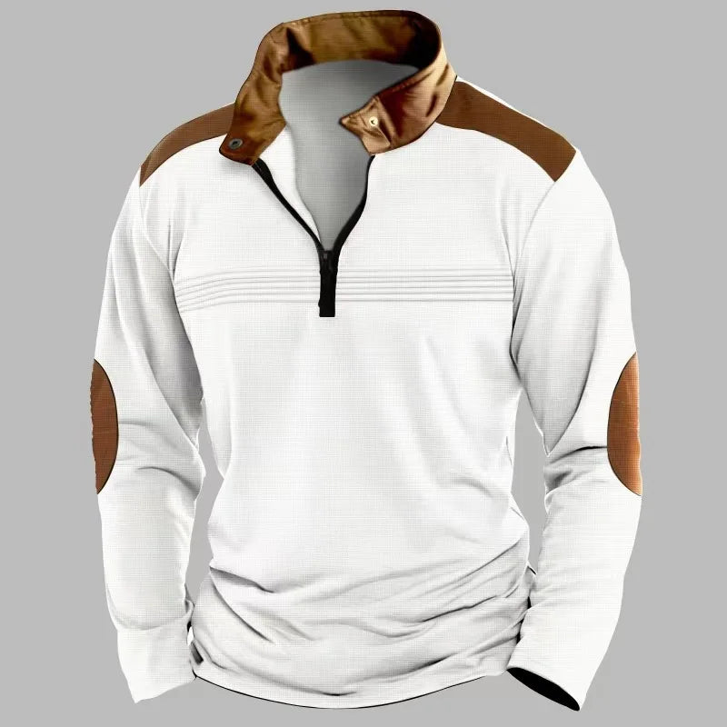RNSHANGER Spring Men's Stand Collar Long Sleeve POLO Shirt Fashion Striped Casual Loose Patchwork Zipper Long Sleeve Polo Shirt