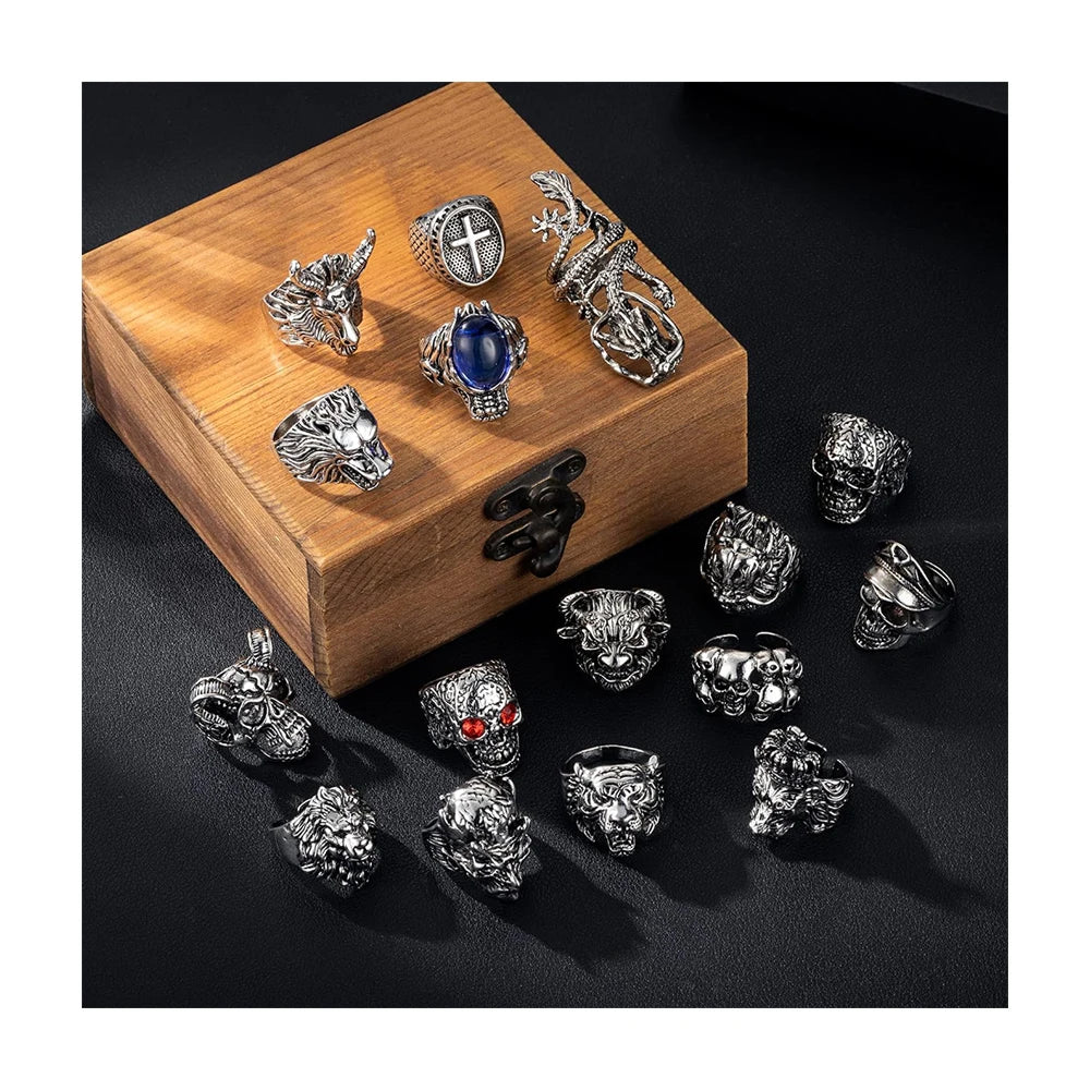 Vintage Punk Demon Skull Snake Alloy Gothic Biker Adjustable Rings Skeleton Skull Devil Eye Chinese Dragon Claw Rings for Men