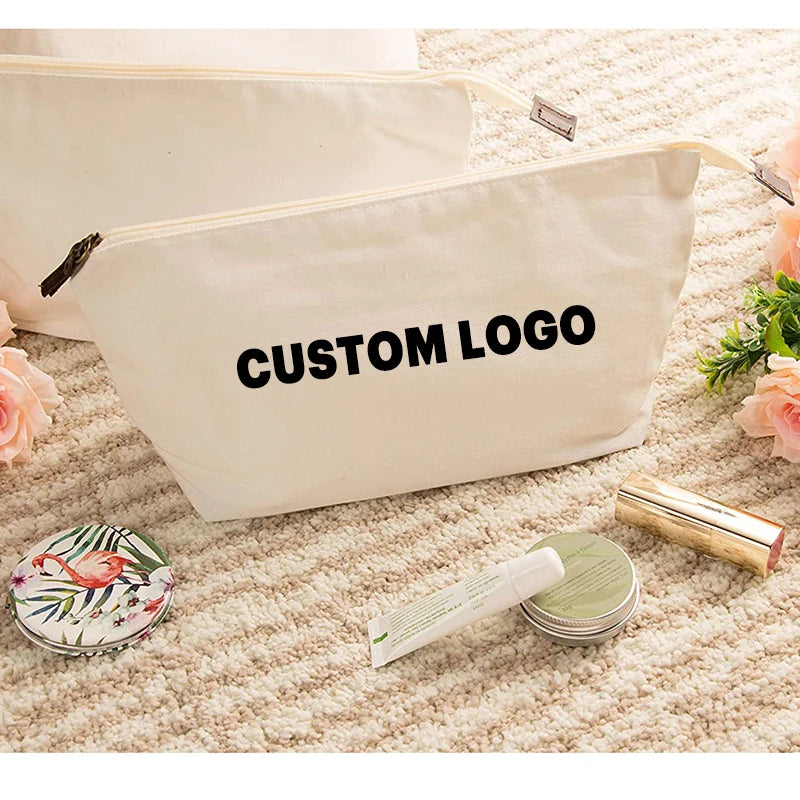 Custom Logo Canvas Zipper Pouch Travel Toiletry Cotton Canvas Cosmetic Makeup Bag for Pencil Case Bags