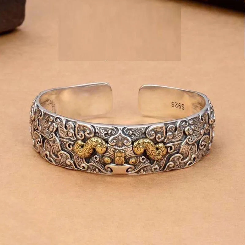 S925 Silver Plated Chinese Fengshui Jewelry Mythical Beast Kuiniu Open Bracelet for Men and Women Pixiu Adjustable Cuff Bracelet
