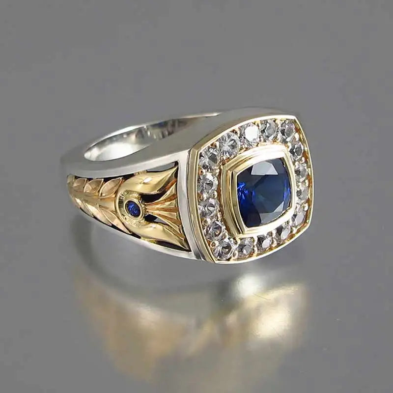 Huitan New Mens Women Square Ring With Blue Zircon Stone Vintage Cubic Carved Male Luxury Engagement Wedding Gold Rings for Men