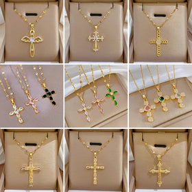 Trendy 316 Stainless Steel Link Chain CZ Cross Choker Necklace Cubic Zircon Cross Pendant Necklace for Women