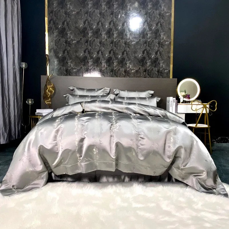 Wholesale Silver Bedroom Home Textiles 100% Cotton Grey Bed Sheet Queen Size Satin Jacquard Duvet Quilt Cover Bedding Set