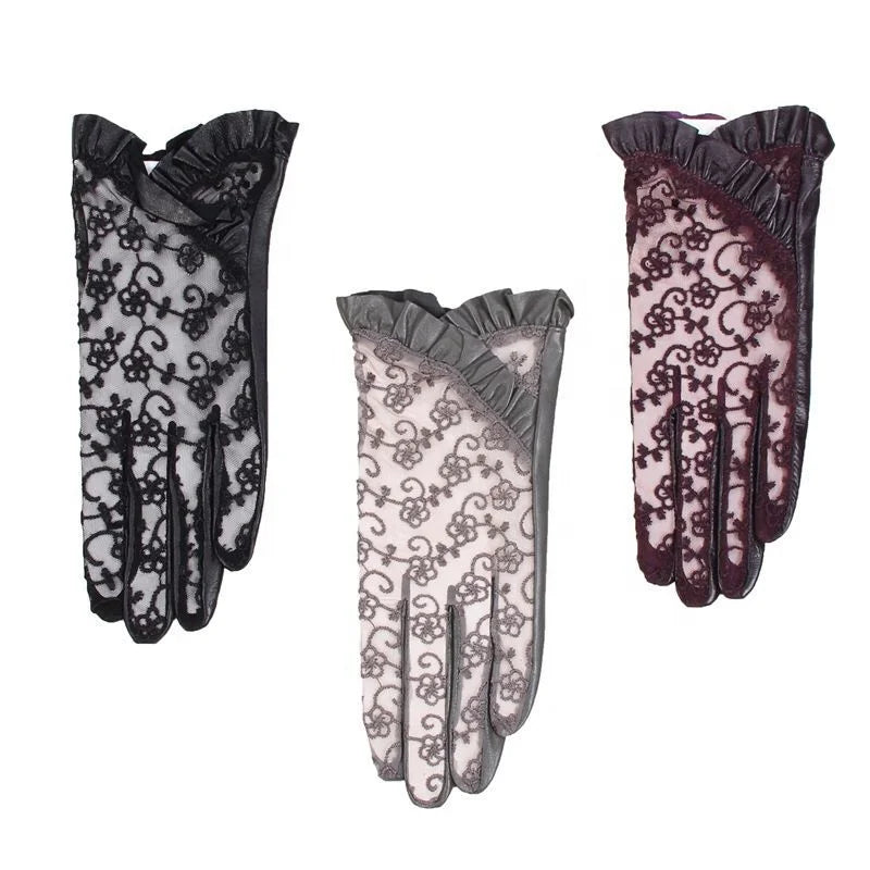 Women's Genuine Leather & Lace Unlined Gloves Outdoor Breathable UV Protection Driving Gloves Touchscreen