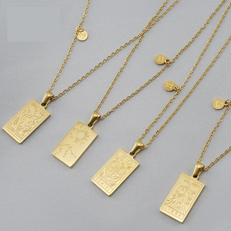18K Gold Stainless Steel Chain Jewelry Rectangular Pendant 12 Zodiac Necklace