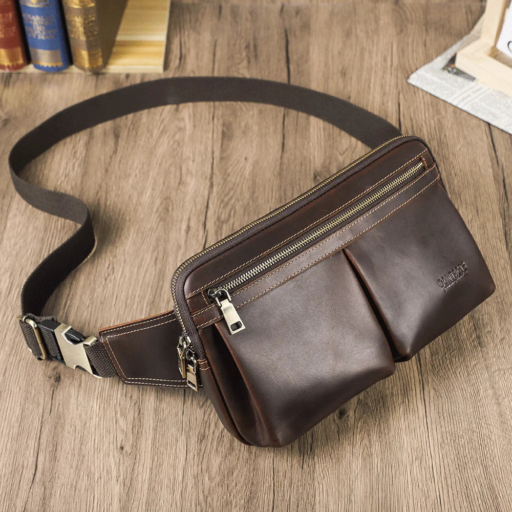 Men's Vintage Genuine Leather Waist Belt Bag Full Grain Oil Bead Leather Fanny Pack Crossbody Chest Bag for 7.9'' Ipad
