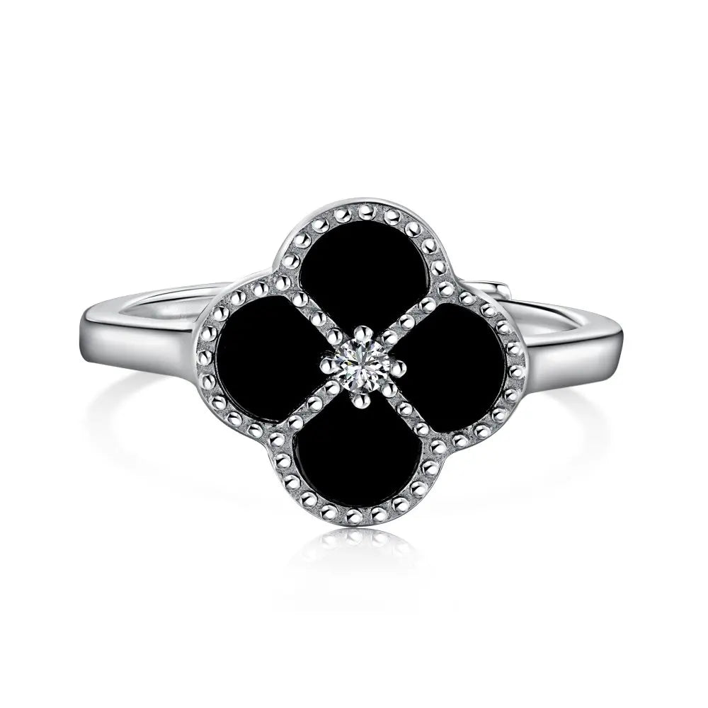 Simple Black Agate Four-Leaf Clover Rings Jewelry Women Sterling Silver 925 Cz Cubic Zirconia Vintage Eternity Band Ring