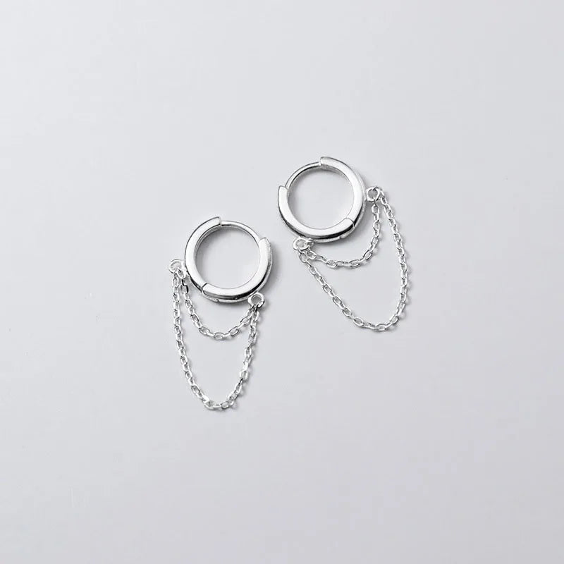 925 Sterling Silver Jewelry Round Earrings Double Layer Tassel Chain Clip Earrings for Women Christmas Gifts