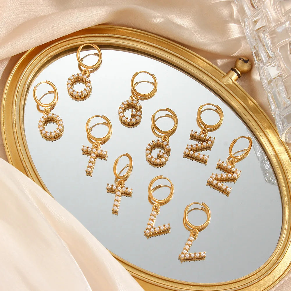Custom Fashion Jewelry Valentine's Day Birthday Gift Gold-plated Stainless Steel Inlaid Pearl 26 Letter Earrings for Women