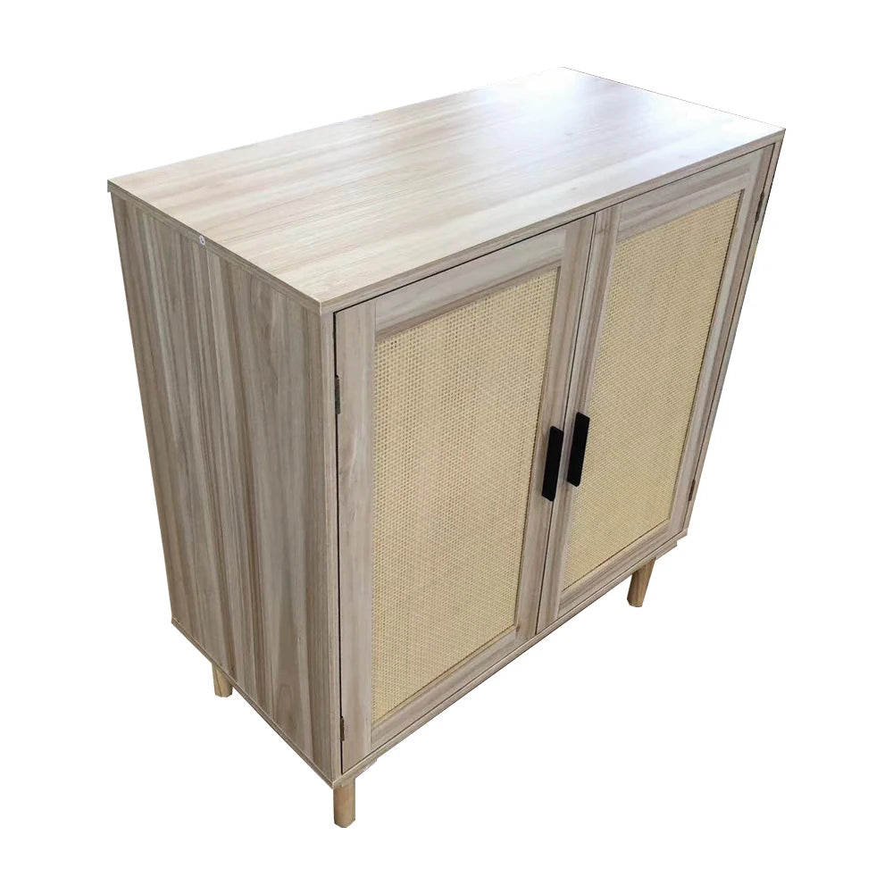 Wood 2-Tier Cabinet PE Rattan Decor Doors 2-Inner Storage Sideboard Panel Style Traditional Eco-Friendly Bedroom/Dining/Living MegaBDM