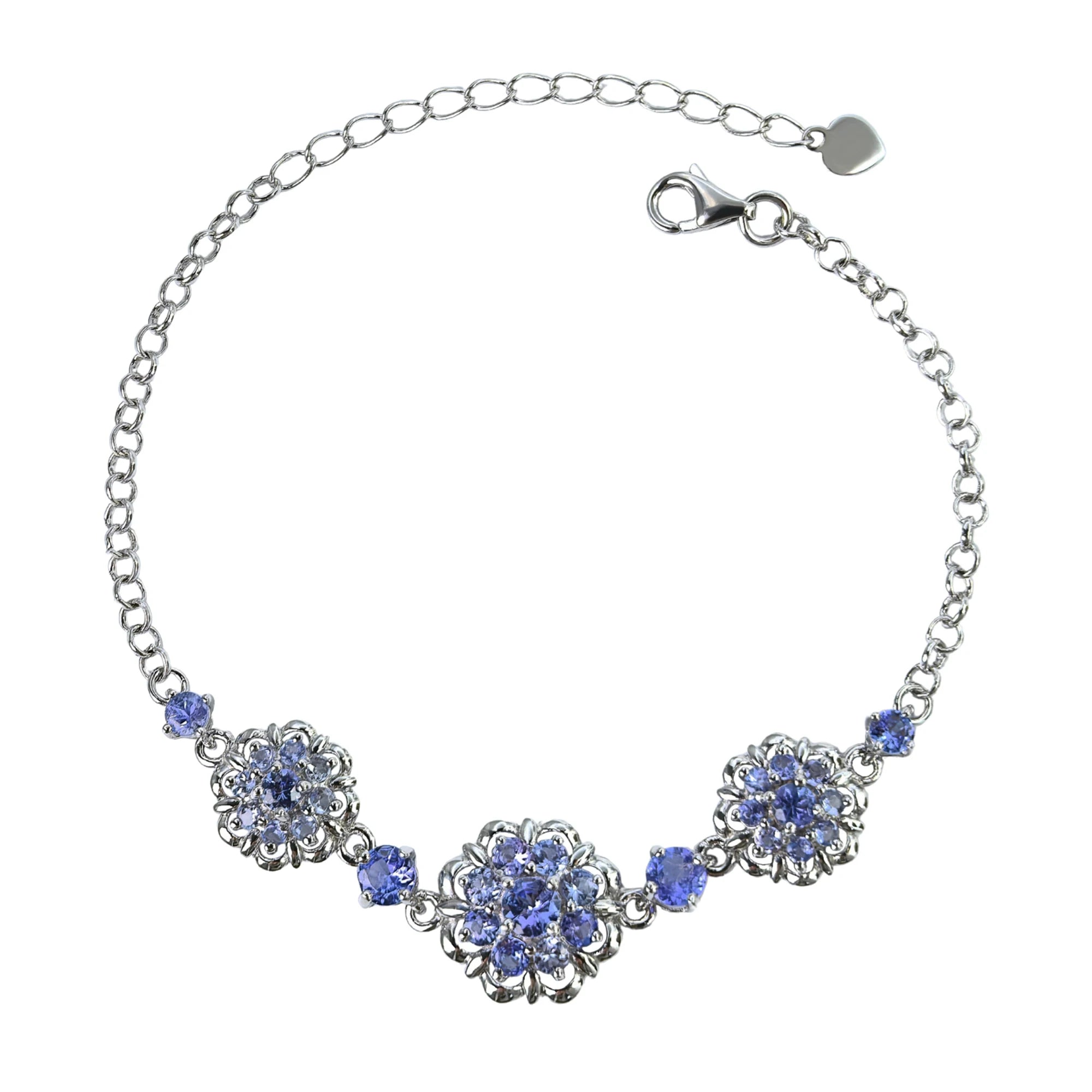 Factory Wholesale Rhodium Plated 925 Sterling Silver Natural Tanzanite Flower Bracelet for Women Birthday Gift Party Wear