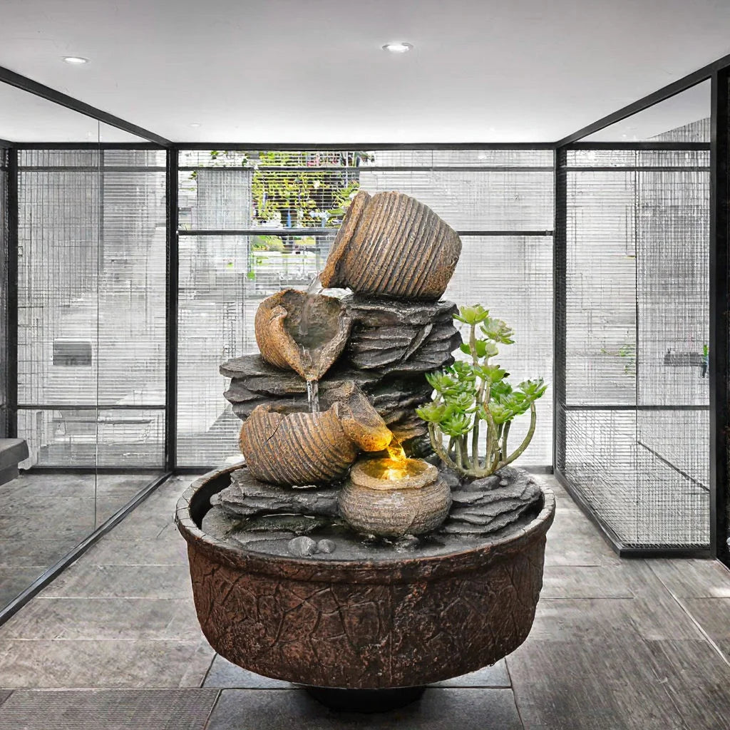 Brown Gray Resin Jar Hand-painted Flowing Carvings. Warm Lamp Fountain Decoration. Simple Rustic Texture Artistic Appeal. Home