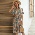 Women's Plus Size Floral Sundress Lotus Sleeve Belt Lace Midi Dress Loose Casual Pleated with Anti-Static Feature Drop Shipping