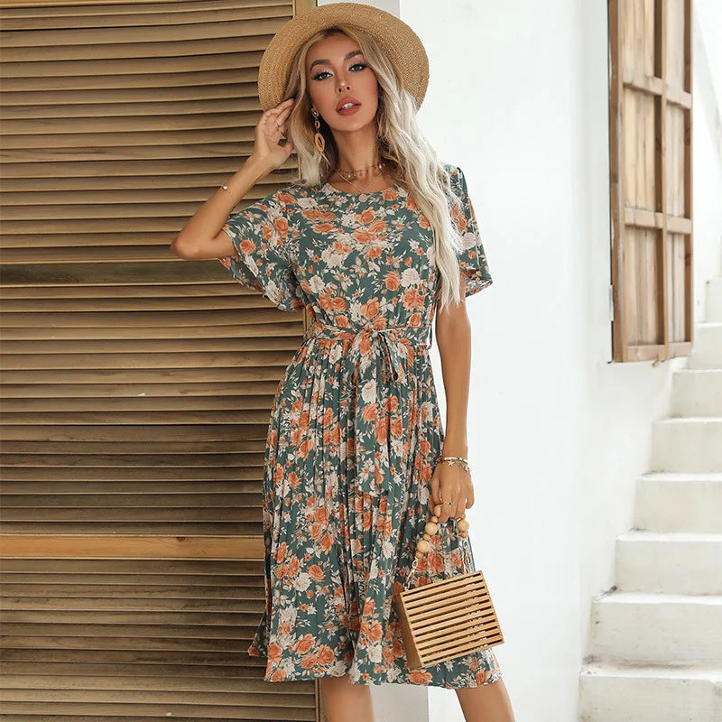 Women's Plus Size Floral Sundress Lotus Sleeve Belt Lace Midi Dress Loose Casual Pleated with Anti-Static Feature Drop Shipping