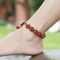 2022 Wholesale Summer Beach Anklets Handmade Macrame Tobilleras Red Wax Cotton Turquoise Ball Waterproof Braided Bracelet for