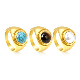 Fashion Stainless Steel Jewelry 18K Gold Plated Dome Rings Set Turquoise Pearl Gemstone Minimalist Chunky Rings for Women