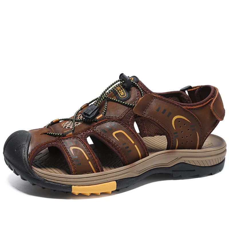 Factory Supply First Layer Cow Pure Leather Upper Anti Slip Hand Made Sewing Men Closed Toe Summer Beach Sandals
