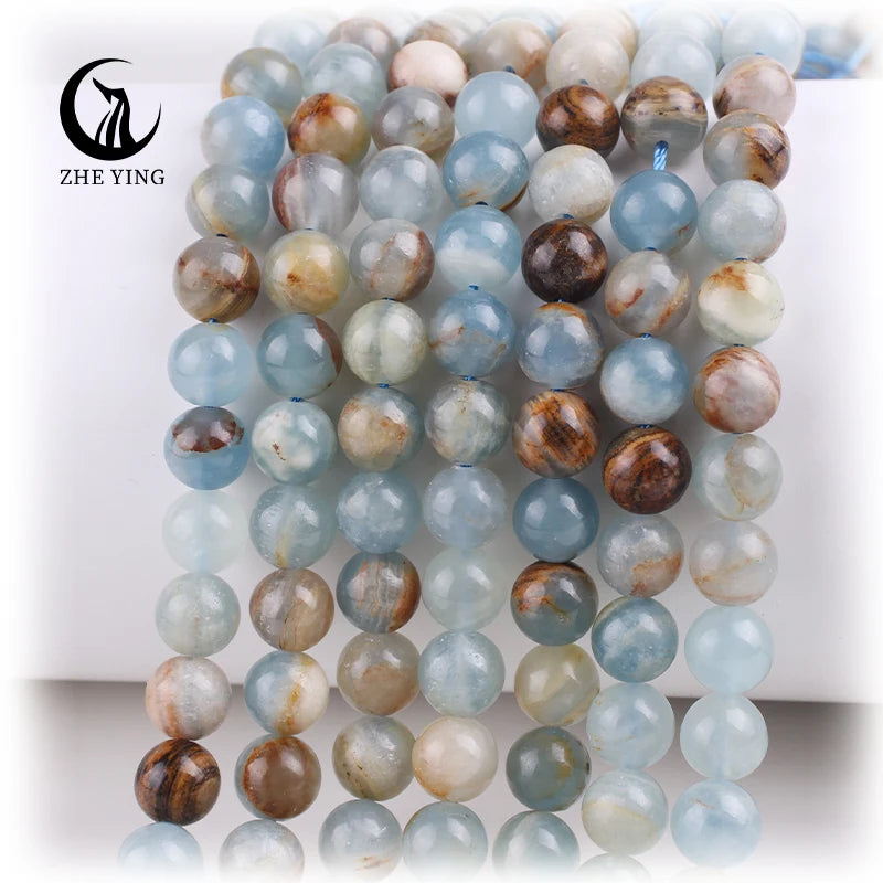 Zhe Ying 6/8/10mm Calcite Beads Heailing Crystal Gemstone Lemurian Aquatine Calcite Blue Onyx Natural Stone Blue Calcite Beads