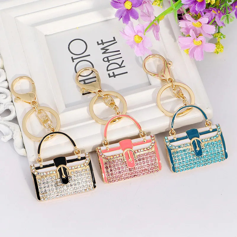 Fashion Colored Enamel Bag Pendant Keychain Women Fancy Pink Blue Rhinestone Handbag Shaped Key Ring for Gift