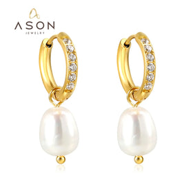 Ason Fashion Jewelry 18K Gold Plated Dainty Elegant Zirconia Stainless Steel Huggie Gift Pearl Drop Hoop Earring for Women