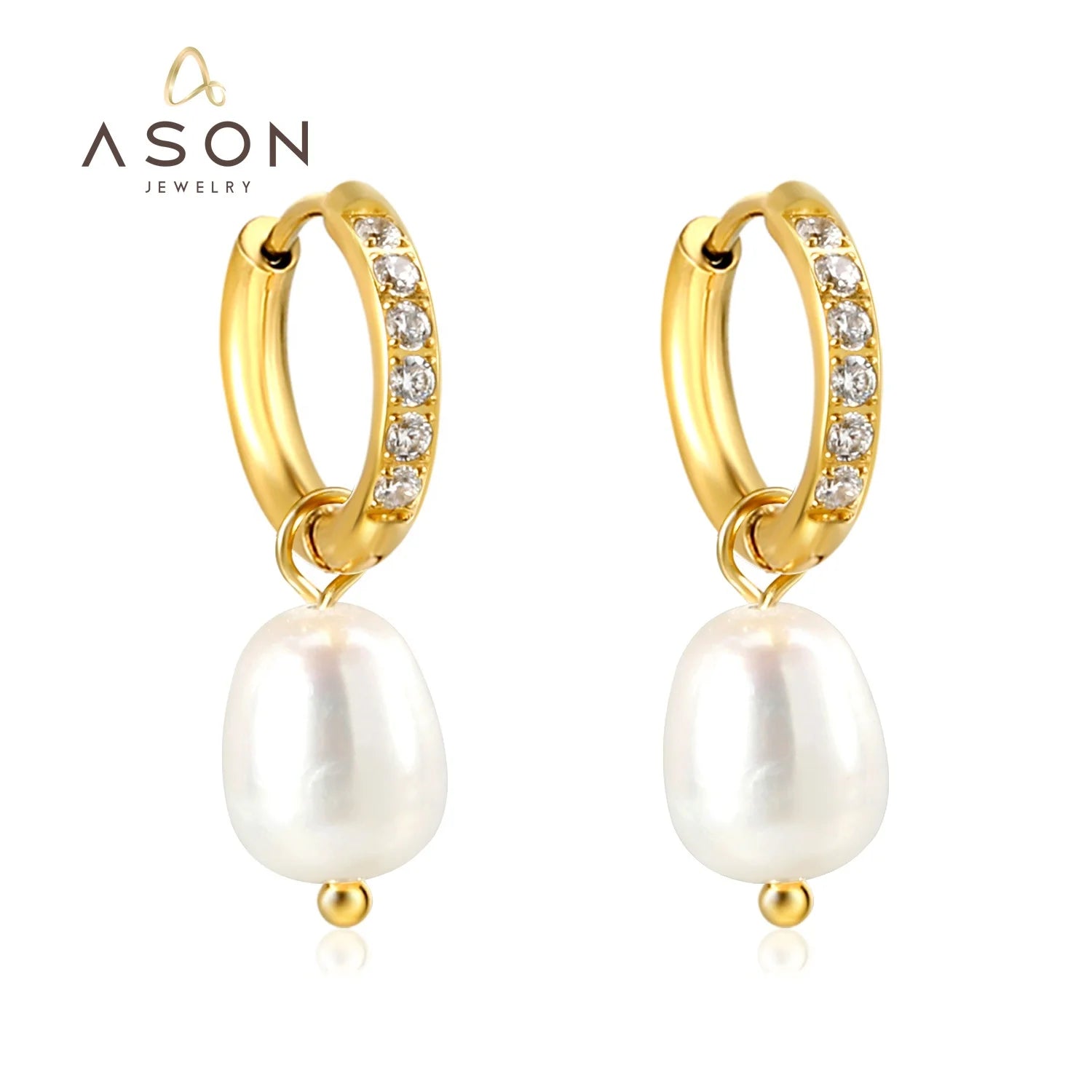 Ason Fashion Jewelry 18K Gold Plated Dainty Elegant Zirconia Stainless Steel Huggie Gift Pearl Drop Hoop Earring for Women