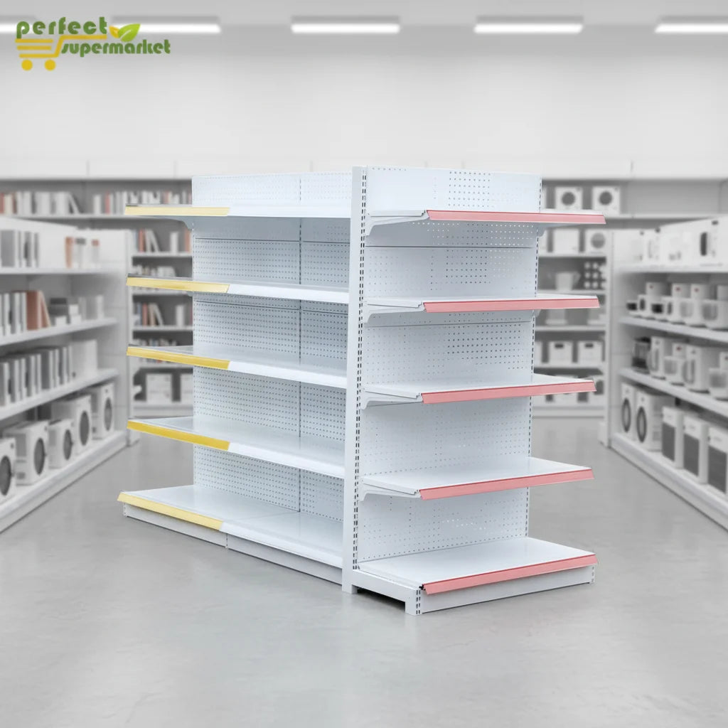 Simple Style White Metallic Supermarket Gondola Shelving Heavy Duty Iron Storage Shelves Perforated Design Epoxy Powder Coating