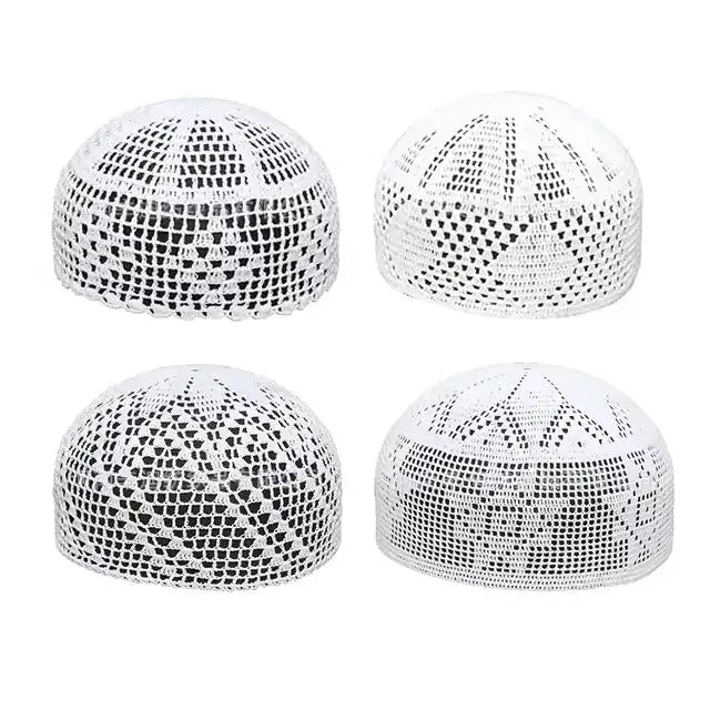 Handmade Crochet Islamic Hat White Elastic Kufi Hijab Cup for Men Ethnically Designed Muslim Cap