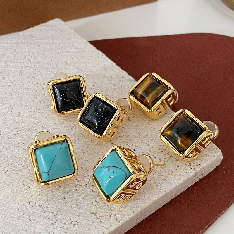 Ilona 18k Gold Plated Trendy Natural Stone Square Stud Earrings Fashionable Geometric Design Earrings for Women Wholesale