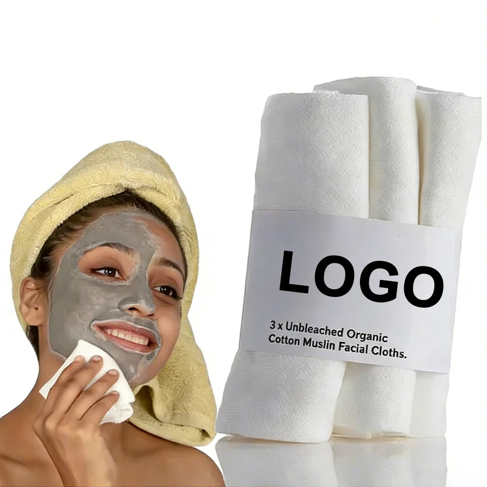 Custom Logo Towel Reusable Face Towel 100% Organic Cotton Face Cleansing Exfoliating Facial Muslin Cloth Towel for Makeup