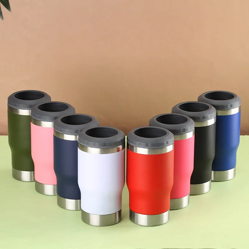 Custom Logo 14oz Double Wall Stainless Steel Insulated Beer Cooler 4-in-1 Skinny Can Cooler with Two Lids for Camping