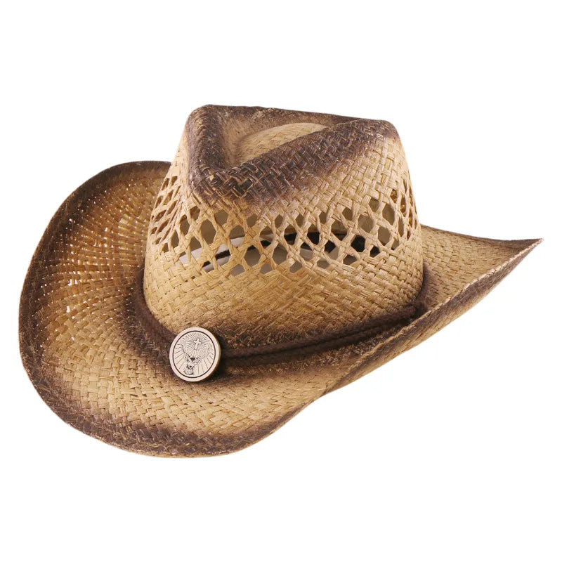 Cow Head Decorations Straw Hat Men Women Natural Raffia Western Cowboy Hat with Painting