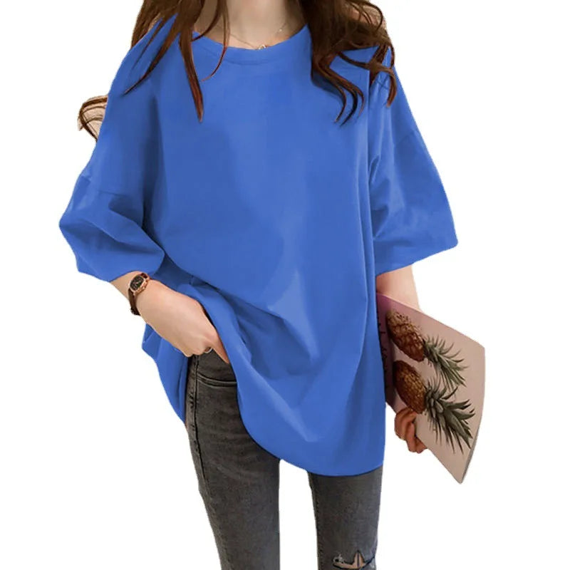 Wholesale OEM Custom LOGO Women Summer Cotton Loose Style T-shirt Short Sleeve Pure Color Top Pullover Base Casual T-shirt