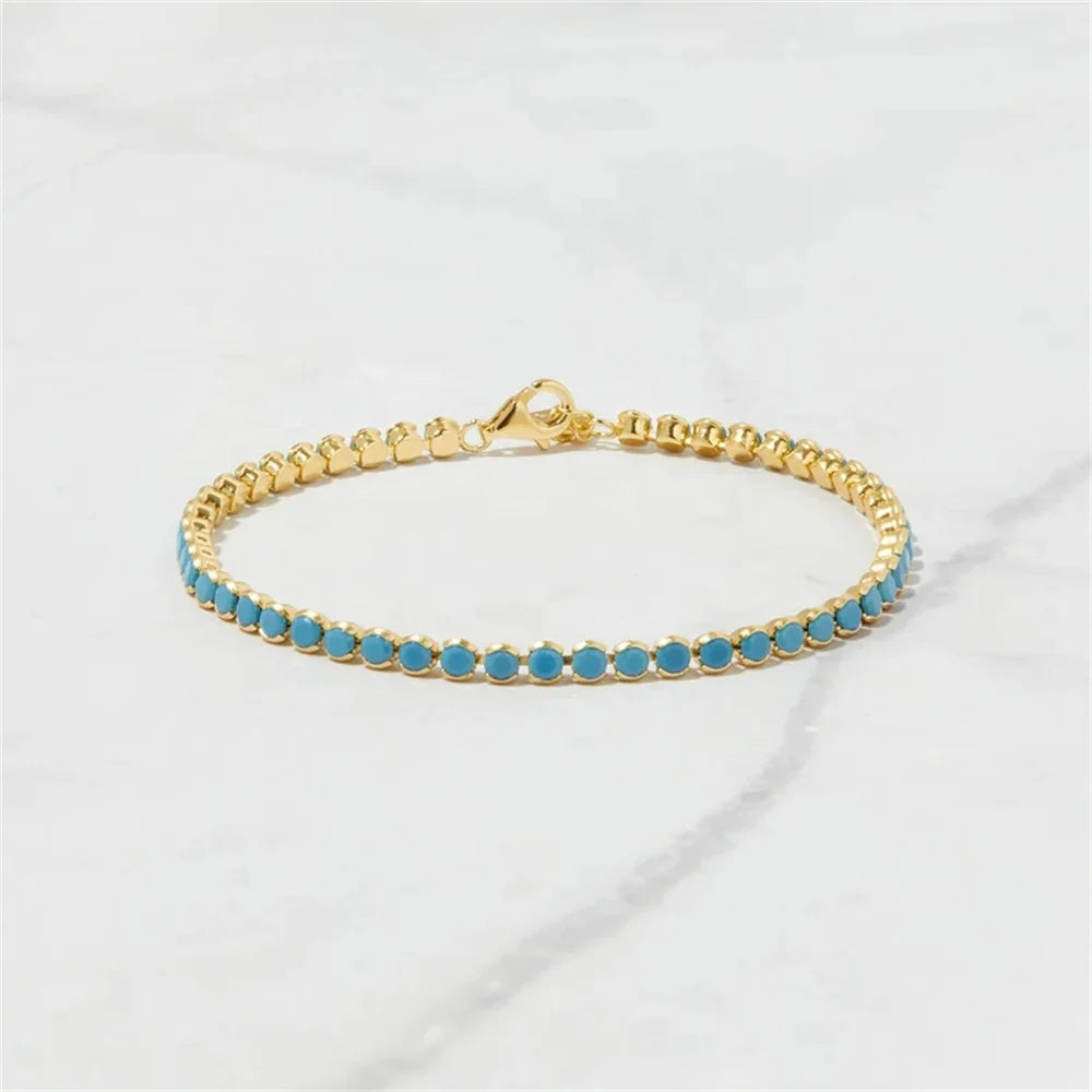 FUAMAY 18K Gold Plated Turquoise Stone Silver Bracelet Tennis Chain 18K 2mm Blue Turquoise CZ Braid Bracelets