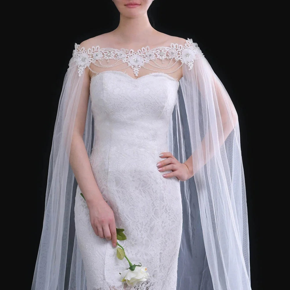 Jachon Bridal Cape Long Trailing Handmade Three-dimensional Flower Lace Pearl Tassel Shawl Gauze Cape