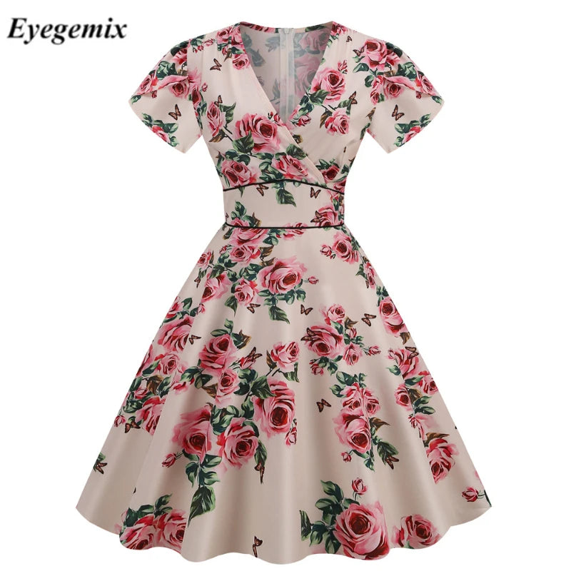 Vintage 60s 50s Big Swing Summer Dress Women 2026 Causal Robe Midi Pin-Up Tunic Sundress Short Sleeve V Neck Party Vestidos 3XL