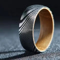 POYA Jewelry Unisex 8mm Damascus Stainless Steel Whiskey Barrel Wood Ring Trendy Wedding Engagement Anniversary Party Gift