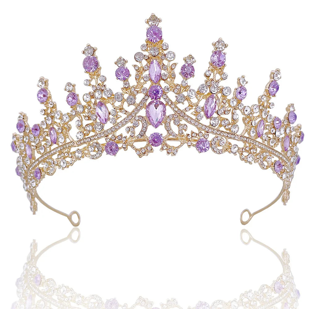 European Crowns Ornaments Bride Wedding Party Headdress Hair Accessories Purple Crystal Rhinestone Tiara Crown