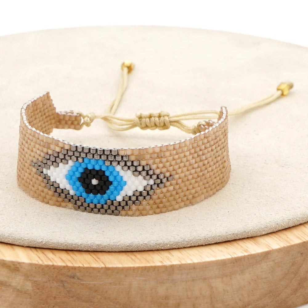 Go2BoHo Golden Evil Eye Bracelet Fashion Jewelry Multicolor Miyuki Seed Beads Woven Handmade Wide Bracelets for Women