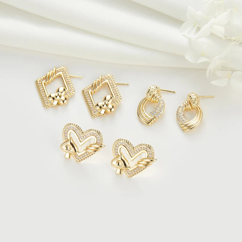 Cutie Jewelry Unique Playing Card Shaped 14K Gold Plated Zircon Brass Stud Earrings for Engagement Wedding & Anniversary